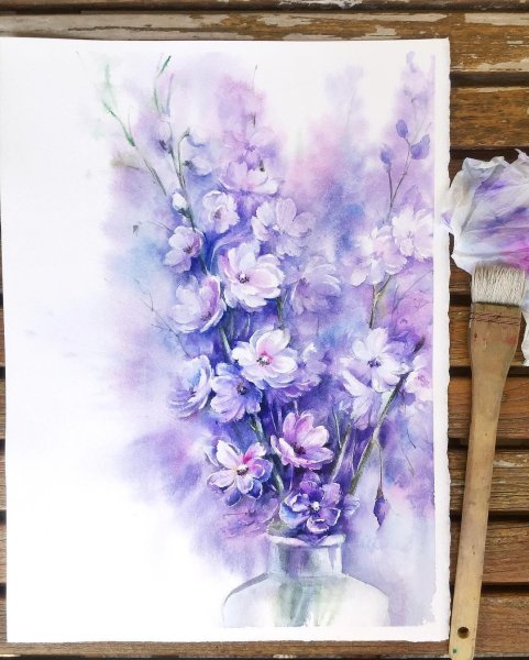 Сиреневые цветы акварель
