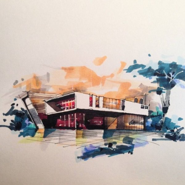 Современные здания акварелью