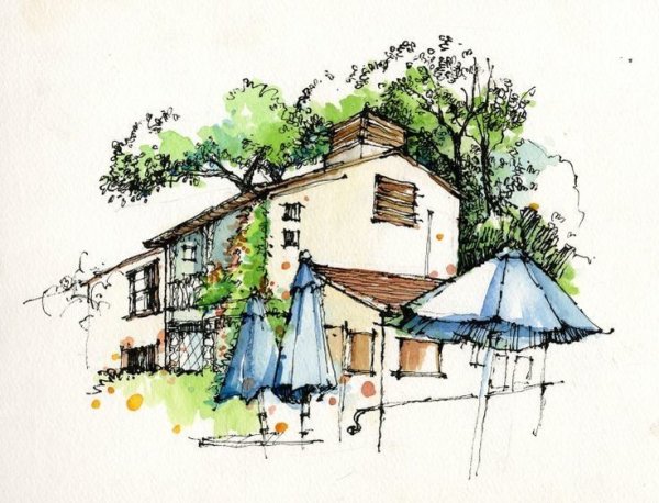 Эскизы зданий акварелью