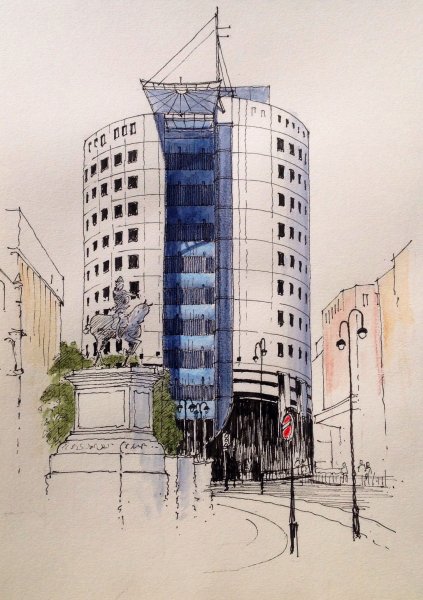 Современные здания архитектуры акварелью