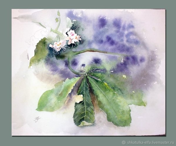 Цветущий каштан акварелью