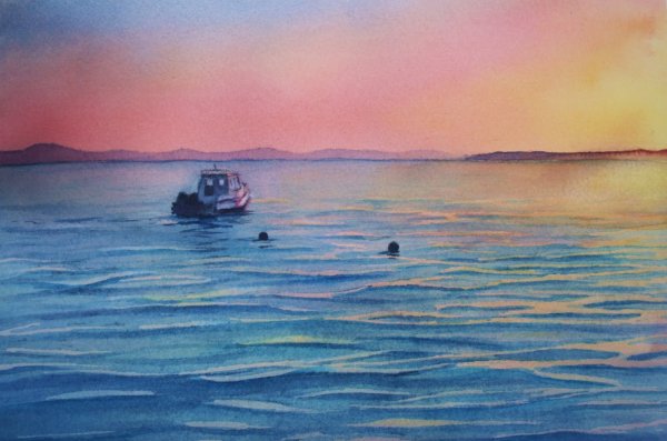 Пейзаж с водой акварелью