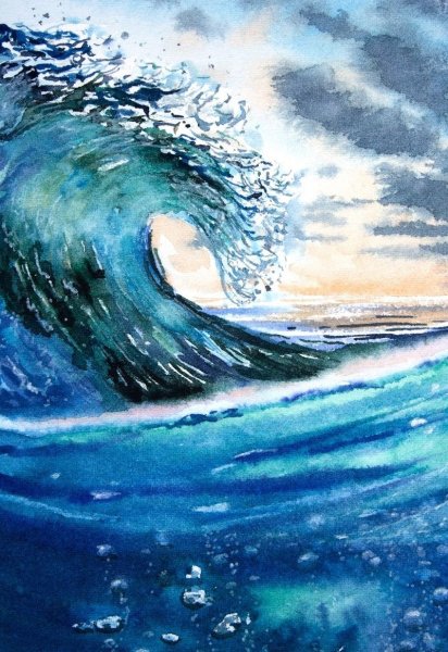 Лодка в море акварелью