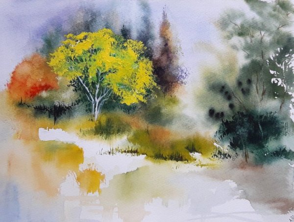 Осенний пейзаж акварелью по сырому