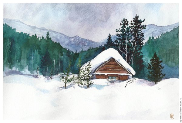 Зимний домик в лесу акварель