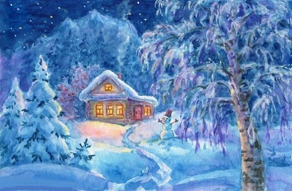 Зимний домик гуашью