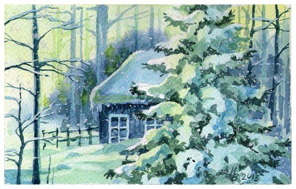 Сказочный зимний лес акварель