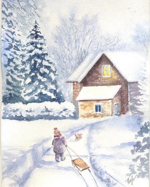 Домик в снегу акварель
