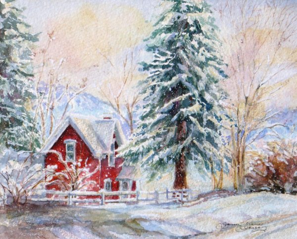 Новогодний пейзаж акварелью