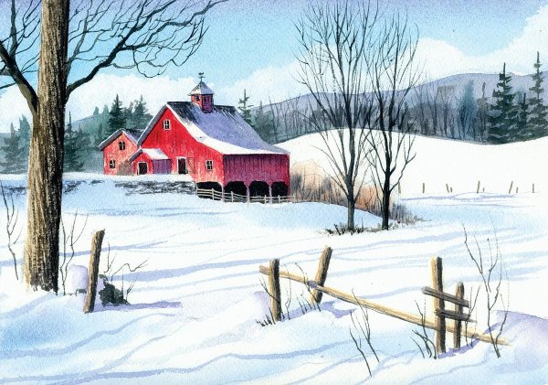 Домик зимой акварель