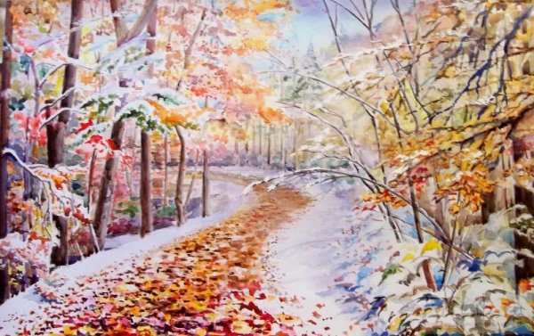 Первый снег акварель