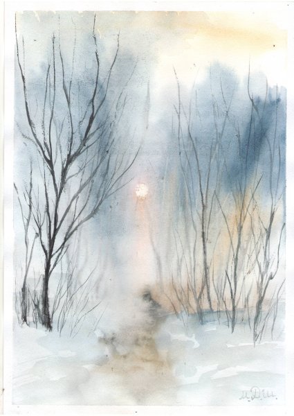 Туманный пейзаж акварелью