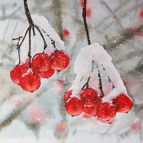 Первый снег акварель