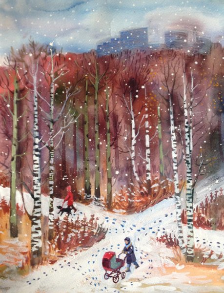 Первый снег акварель