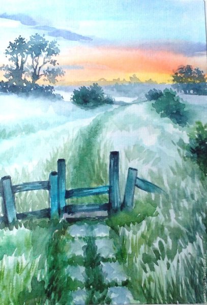 Утренний пейзаж акварелью
