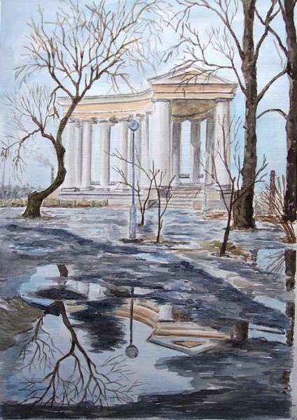 Весенний пейзаж гуашью город