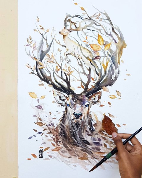 Олень арт акварель