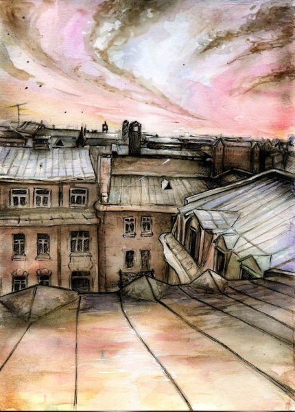 Крыши Питера акварель