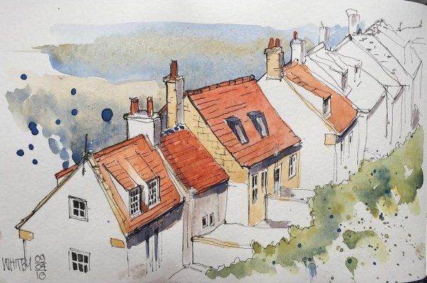 Крыши домов акварелью