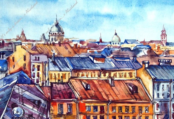 Крыши акварель