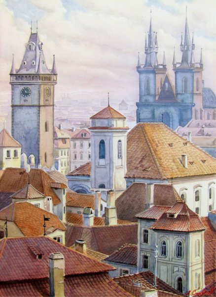 Акварель Прага городской пейзаж