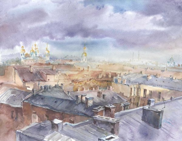 Крыши акварель