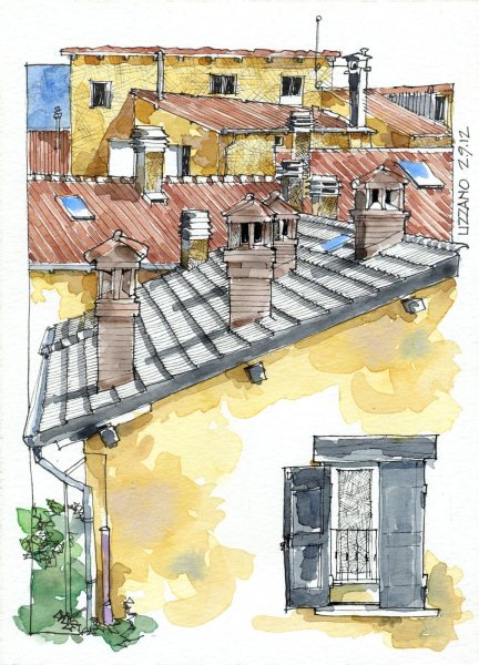 Крыши домов акварелью