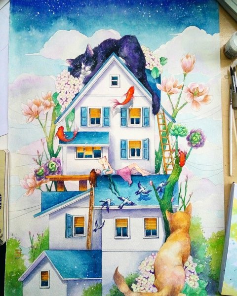Домик акварель