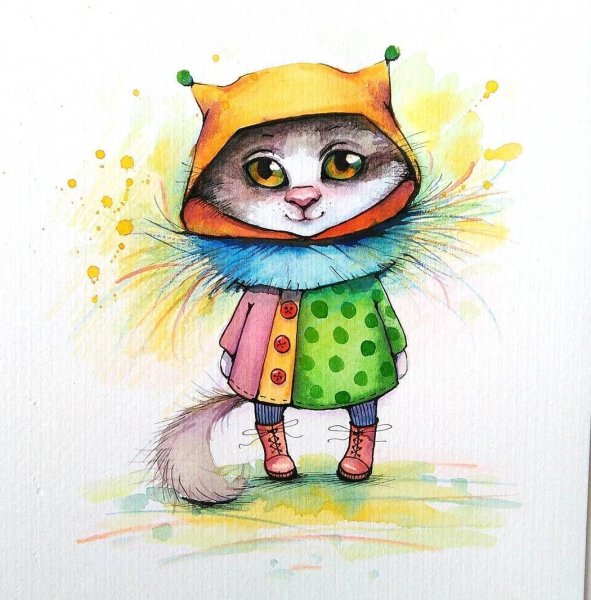 Кошка акварелью для детей
