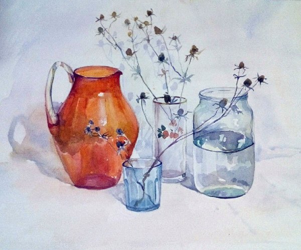 Стекянные предметы акварель