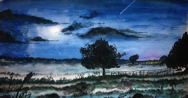 Ночной пейзаж акварелью
