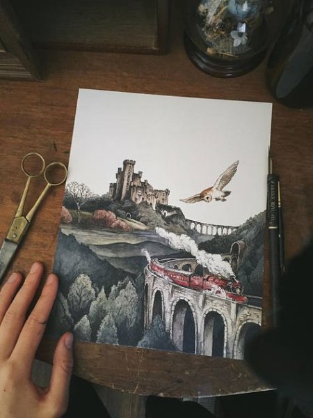 Хогвартс скетч акварелью