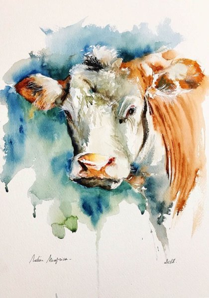 Корова цветная акварель