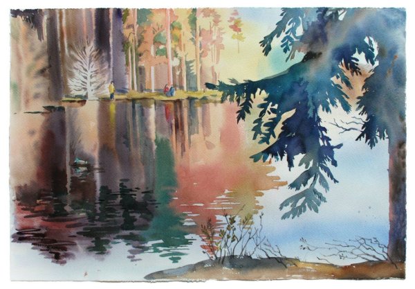 Пейзаж акварелью по мокрому