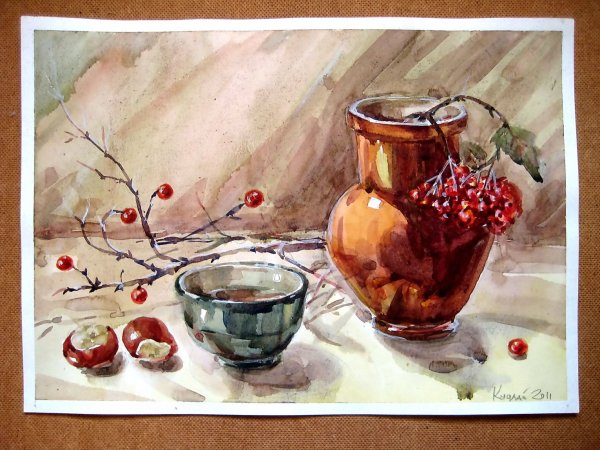 Натюрморт с рябиной живопись акварелью