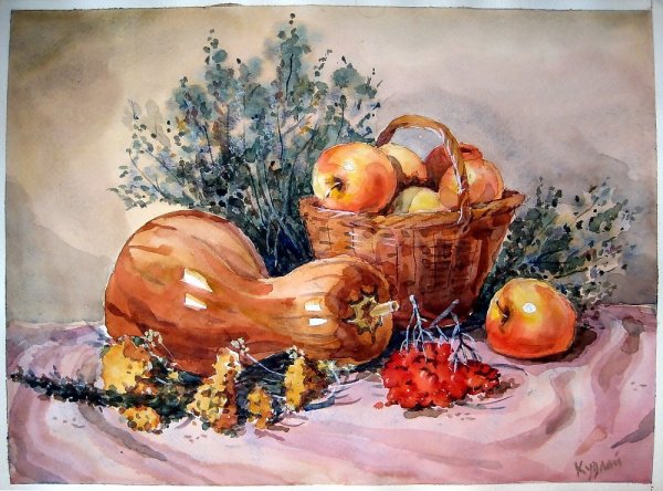 Натюрморт с тыквой акварель