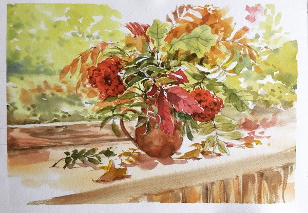 Осенний букет цветов акварелью