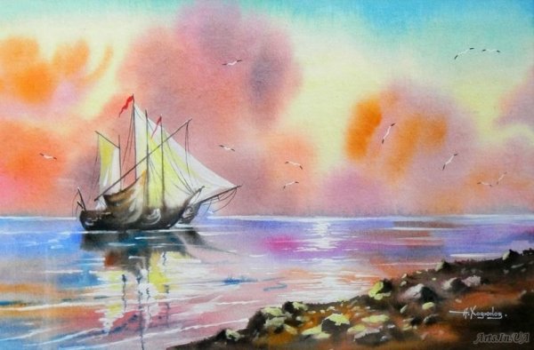 Морской пейзаж акварелью