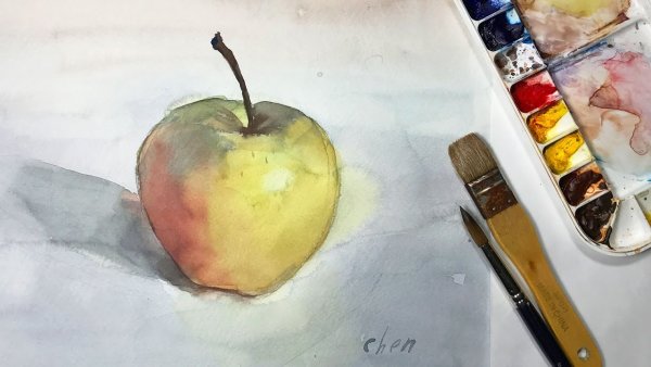 Яблоко акварелью для начинающих