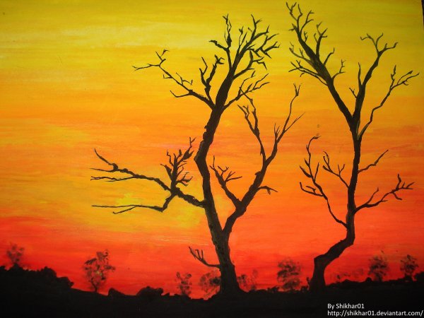 Деревья на закате акварель