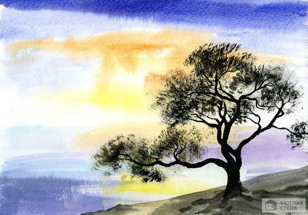 Деревья на закате акварель