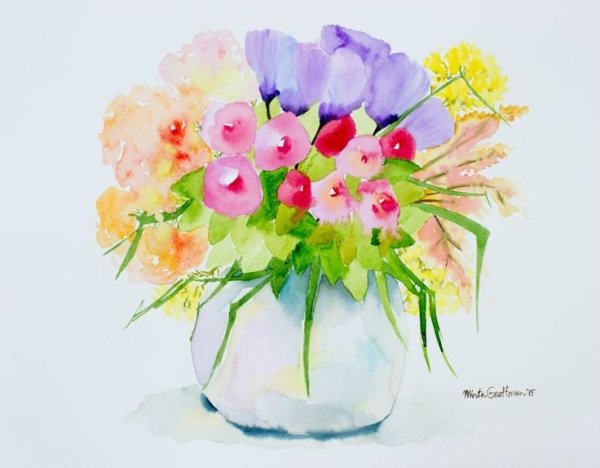 Ваза с цветами акварелью для детей