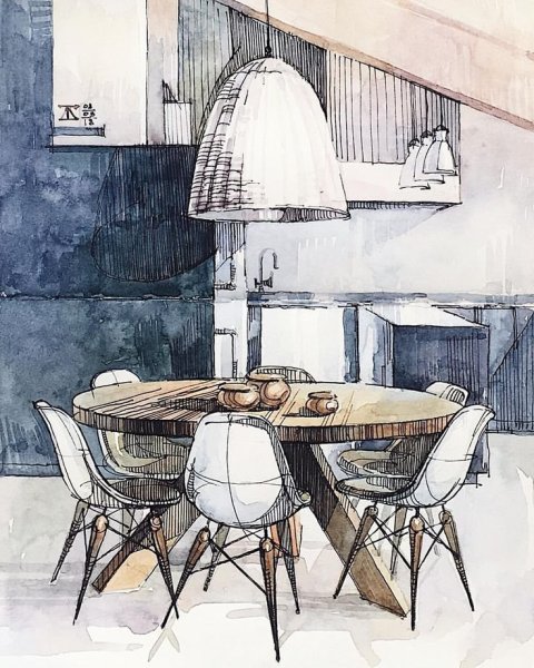 Интерьер акварелью