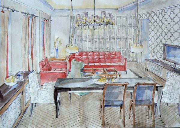Скетч интерьера акварель