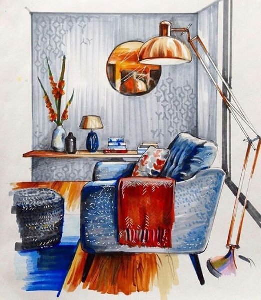 Интерьер комнаты акварелью