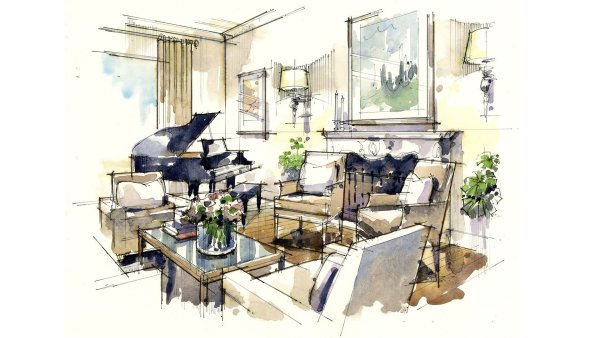 Скетч интерьера акварель