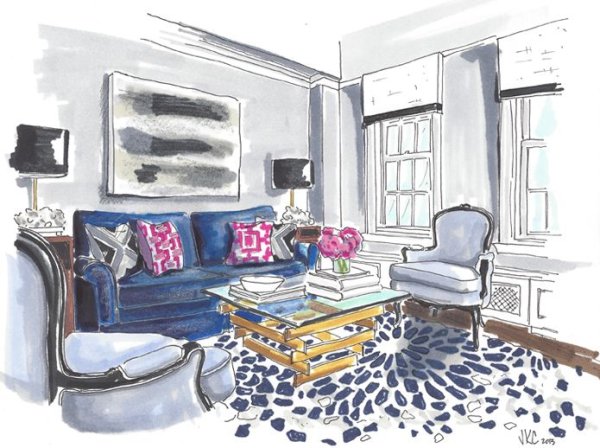 Интерьер комнаты акварелью