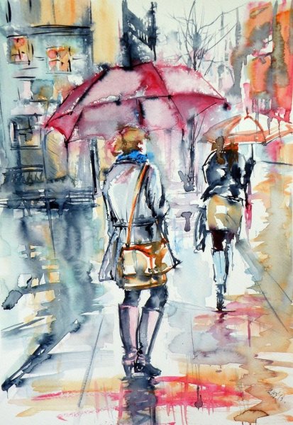 Акварель девушка с зонтиком