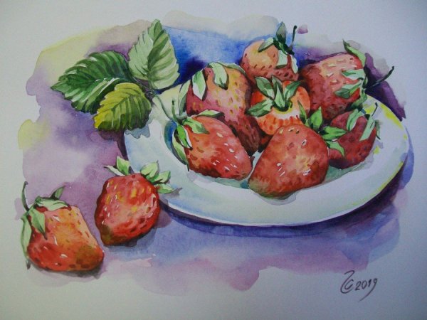 Клубника рисунок акварелью