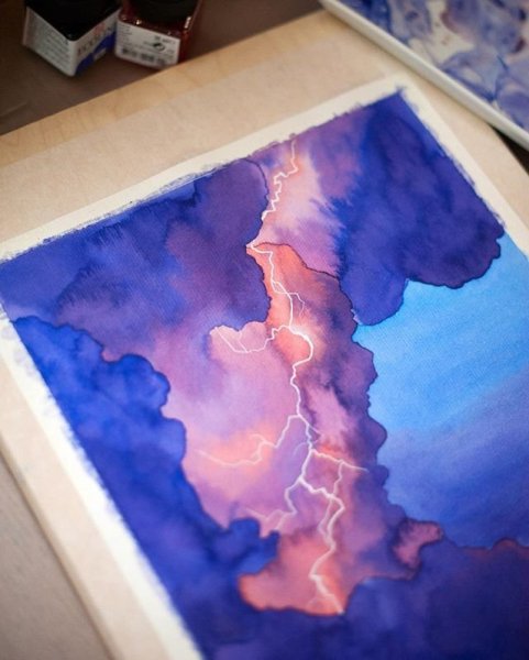 Рисуем молнию акварелью